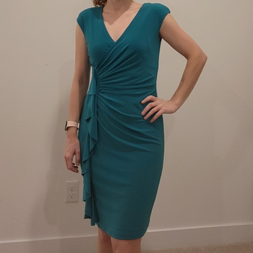 Teal bodycon faux wrap dress